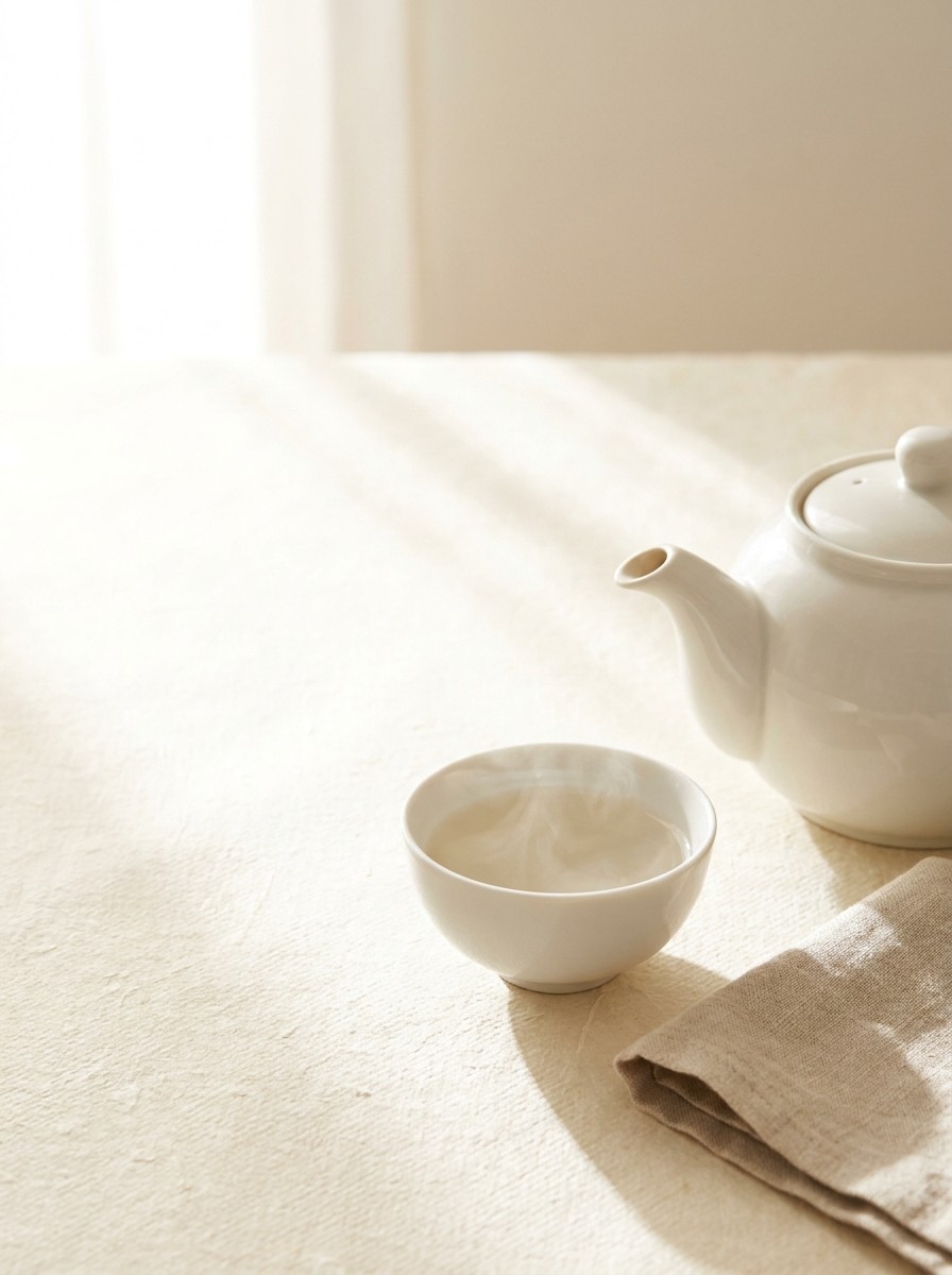 A white ceramic teapot, a small bowl of steaming warm water and a folded linen towel at the lower-right of cream hanji paper, with bright empty space at the upper-left.