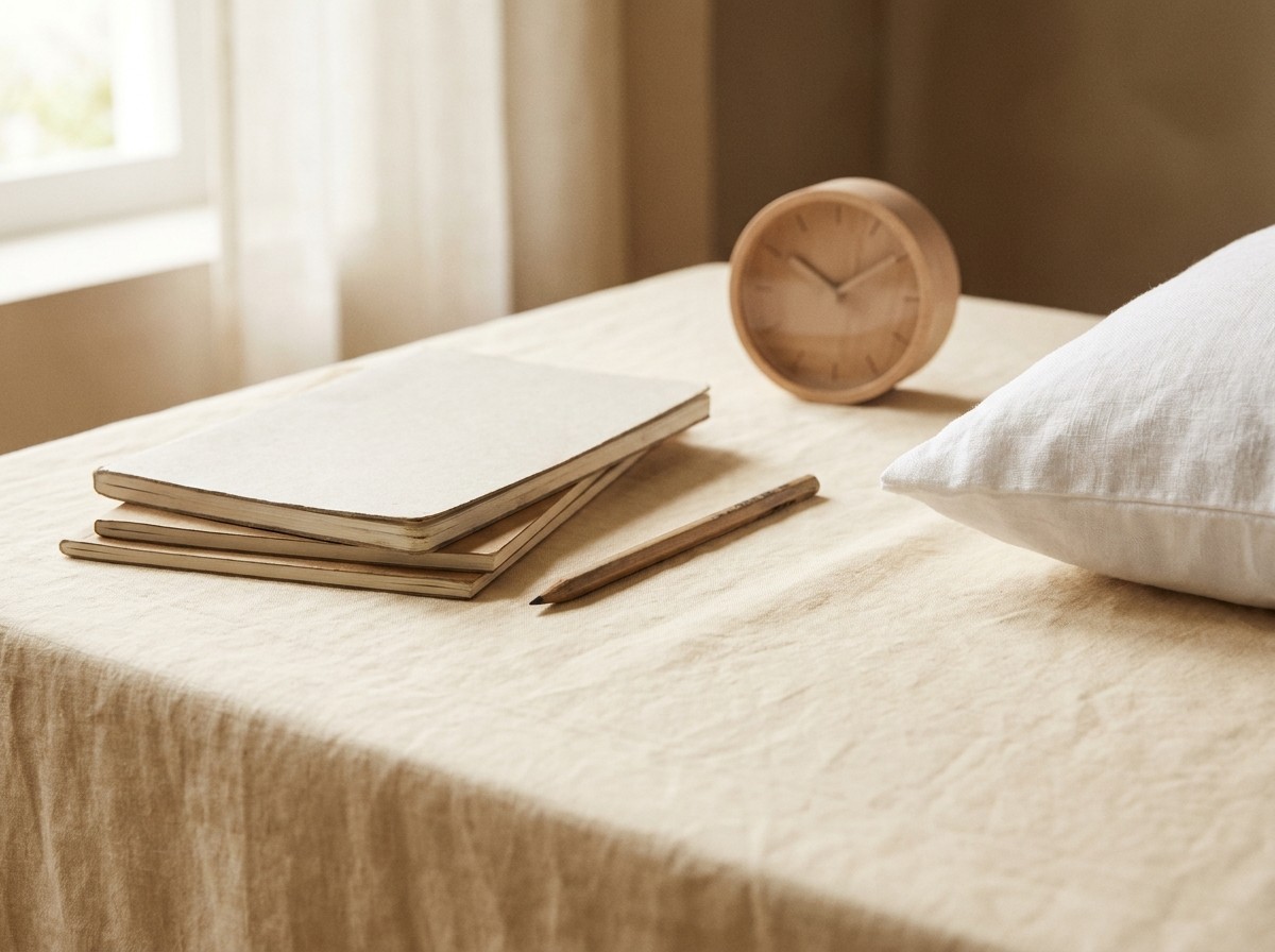 A stack of plain notebooks, a pencil, a wooden desk clock without numerals and a white linen pillow on cream linen in soft light.