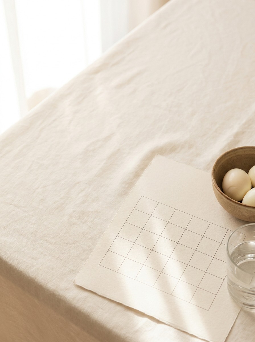 A blank paper calendar page with a grid, a bowl of boiled eggs and a glass of water pushed to the lower-right of cream linen, the upper-left left empty.