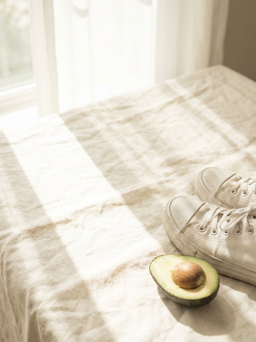 A pair of white canvas sneakers and a halved avocado pushed to the lower-right of cream linen, the upper-left left empty in soft window light.