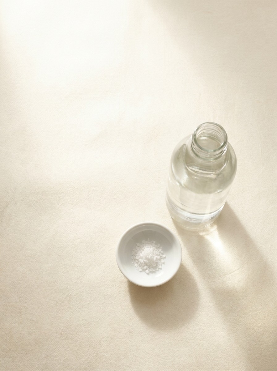 A clear glass water bottle and a small porcelain dish of coarse sea salt at the lower-right of cream hanji paper, the upper-left left empty.