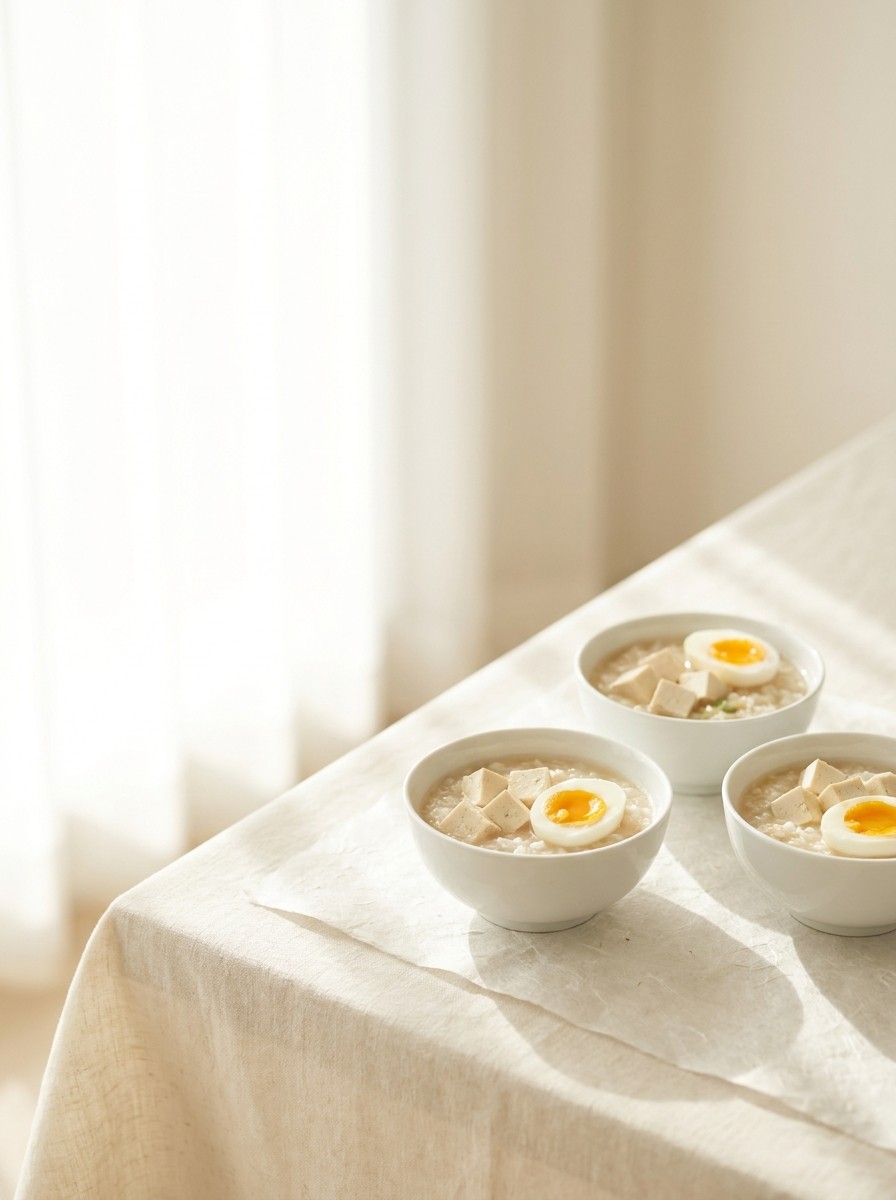 Three small white porcelain bowls of rice porridge topped with tofu and soft-boiled egg pushed to the lower-right of hanji paper over cream linen, the upper-left left empty.