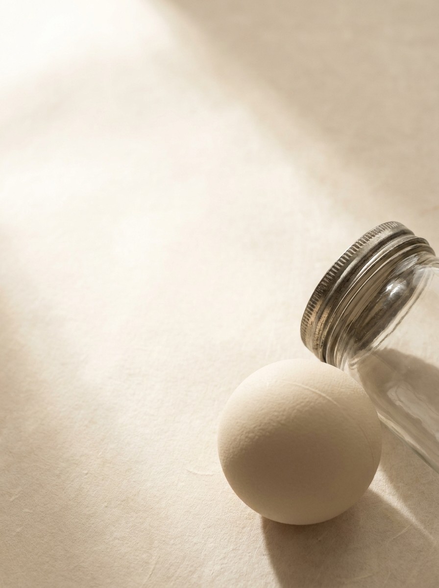 A soft cream hand grip ball and a glass jar with a metal lid pushed to the lower-right of cream hanji, the upper-left left empty.