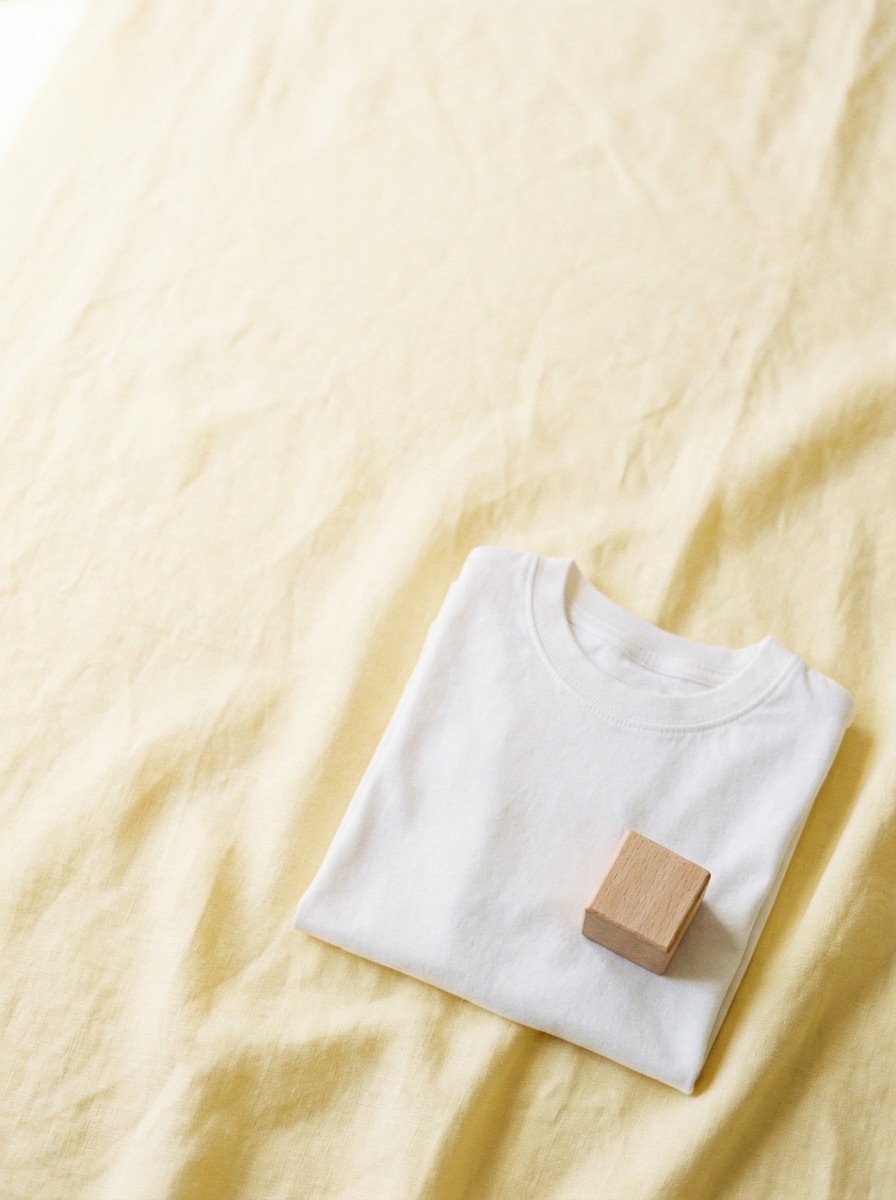 A folded white cotton child's t-shirt and a small wooden toy block on butter-yellow linen, with open space at upper left.