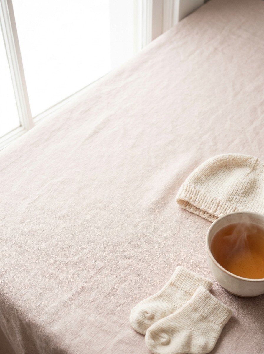 A tiny knitted cream baby hat, a small pair of cream baby socks and a cup of warm barley tea on blush linen, with open space at upper left.