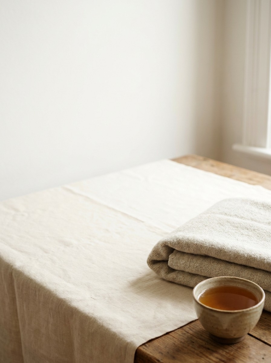 A folded oatmeal blanket and a cup of barley tea at the lower-right, with bright empty wall at the upper-left.