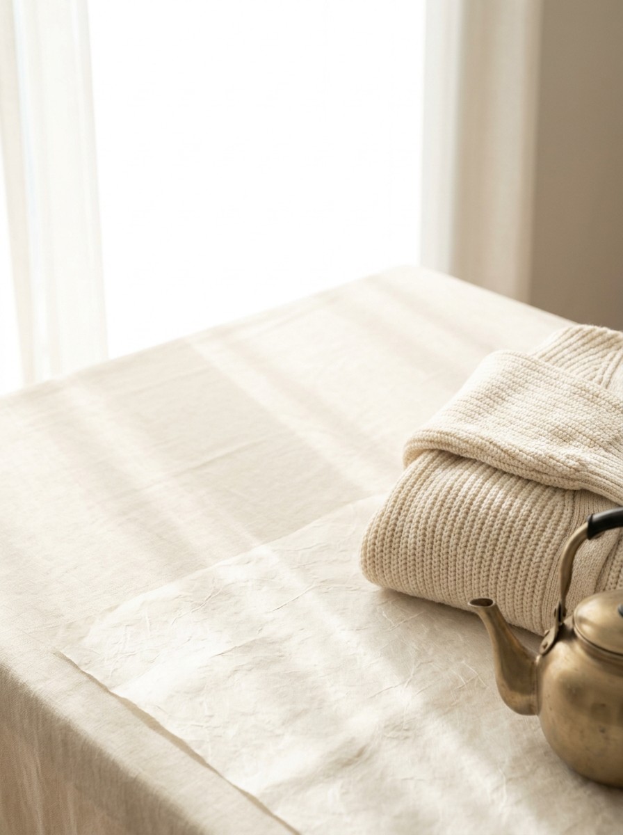 A folded cream knit cardigan and a small brass teapot pushed to the lower-right of cream linen and hanji, the upper-left left empty in soft window light.