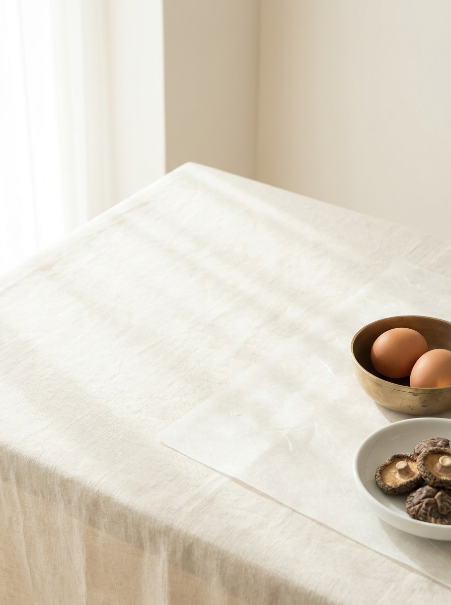 Two brown eggs in a small brass bowl and a dish of dried shiitake mushrooms pushed to the lower-right of cream linen and hanji, the upper-left left empty in soft window light.