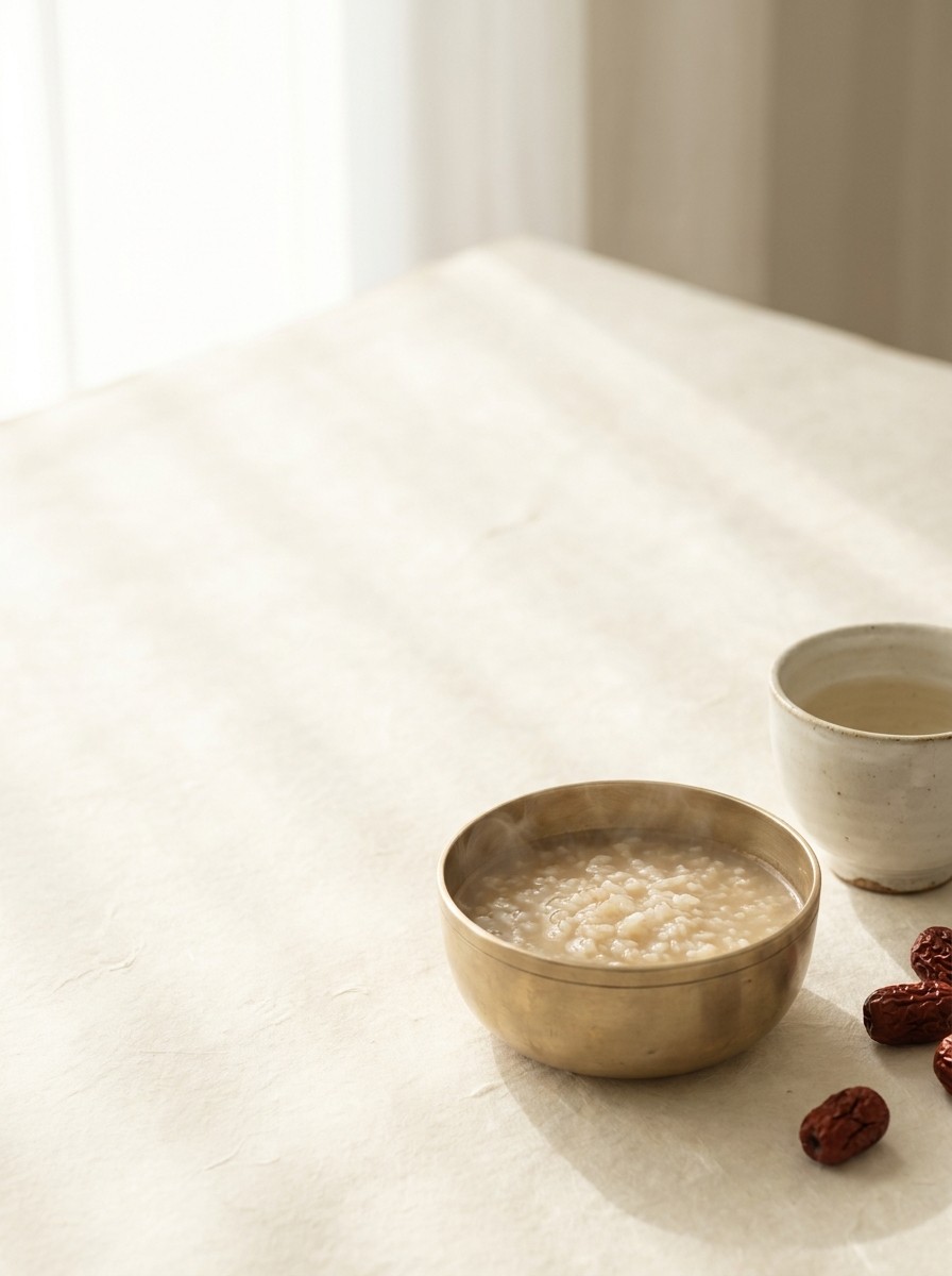 A small brass bowl of warm rice porridge, a ceramic teacup and dried jujubes pushed to the lower-right of a hanji surface, the upper-left left empty.