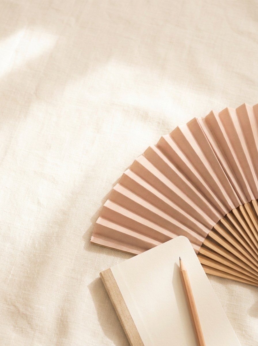 A folded blush paper hand fan and a small blank notebook with a pencil pushed to the lower-right of cream linen, the upper-left left empty.