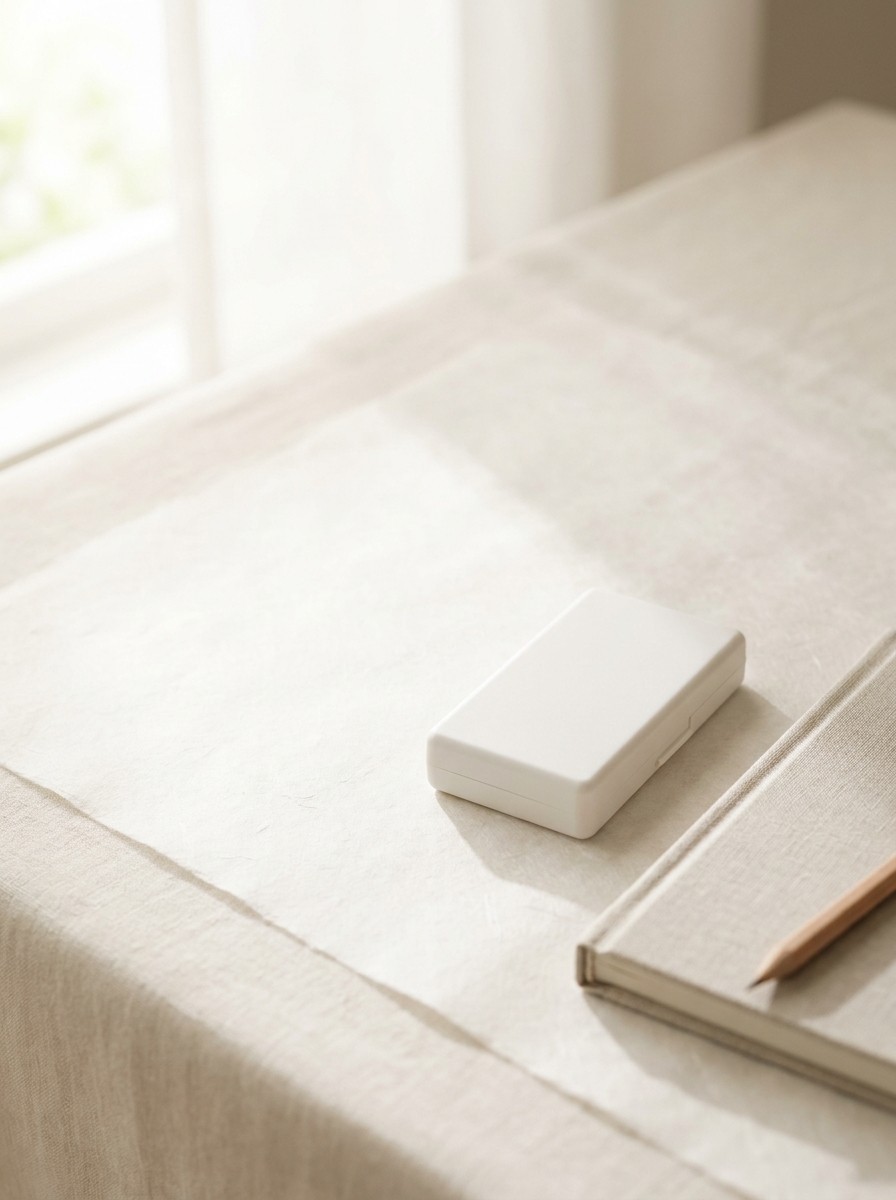 A closed plain white pill case and a closed linen notebook with a wooden pencil pushed to the lower-right of hanji paper over cream linen, the upper-left left empty.