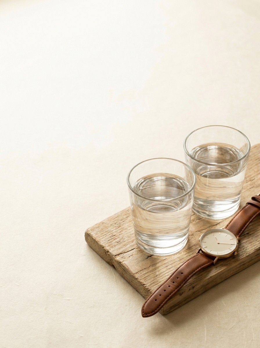 Two glasses of water and an analog wristwatch with a leather strap on a weathered wooden board at the lower-right of cream hanji paper, with bright empty space at the upper-left.