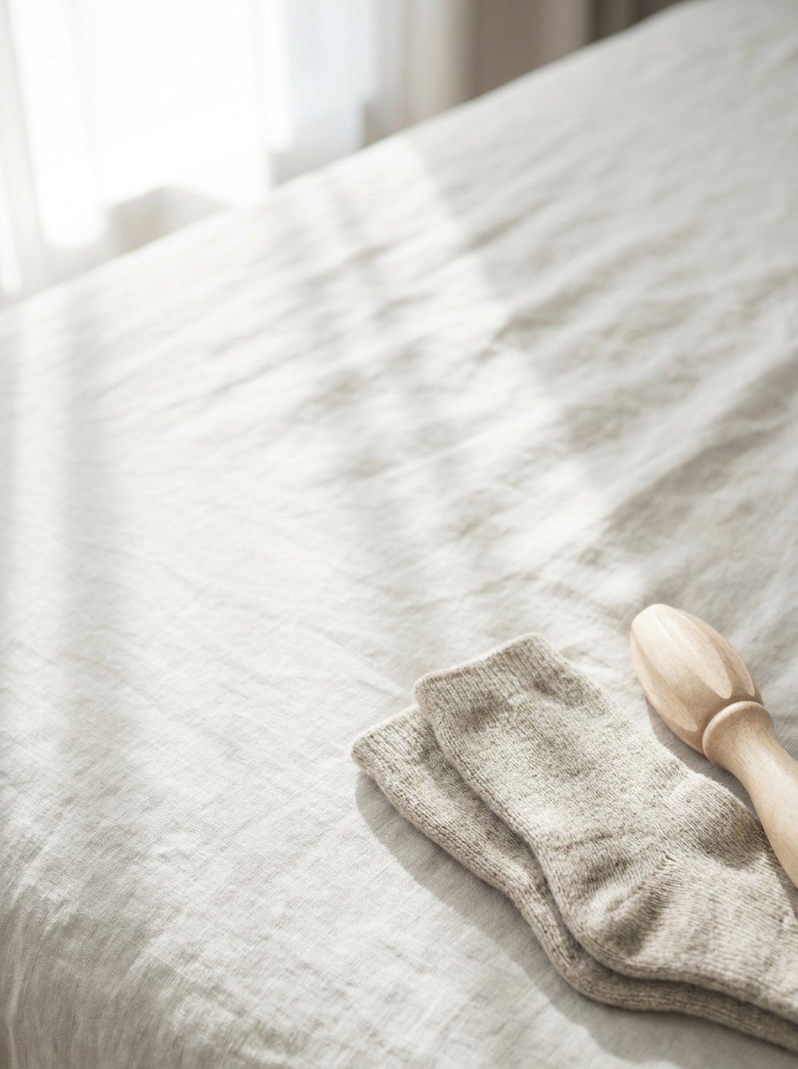 A folded pair of oatmeal wool socks and a wooden foot massage roller in the lower right of a cream-gray linen bedsheet, upper left empty