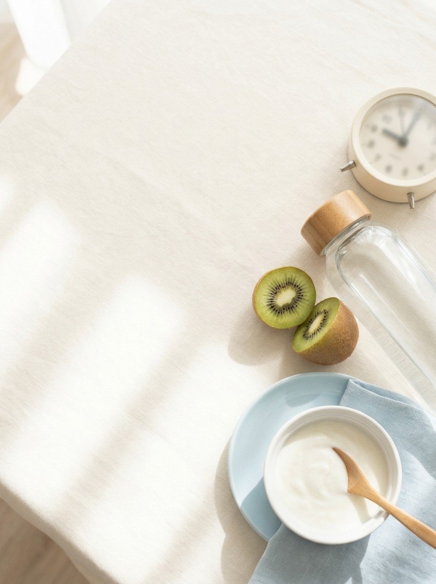 A clear water bottle, a halved kiwi, a bowl of plain yogurt with a wooden spoon and a small alarm clock on cream linen, upper left of the frame left empty