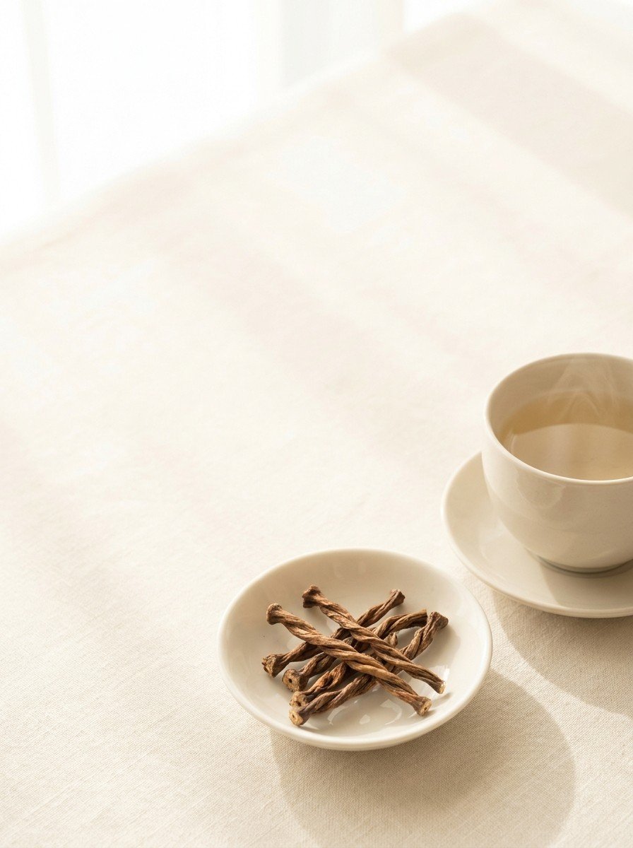 A small white porcelain dish of dried twisted Hovenia dulcis fruit stalks and a cup of pale herbal tea at the lower-right of a cream linen table, the upper-left left empty in soft window light.