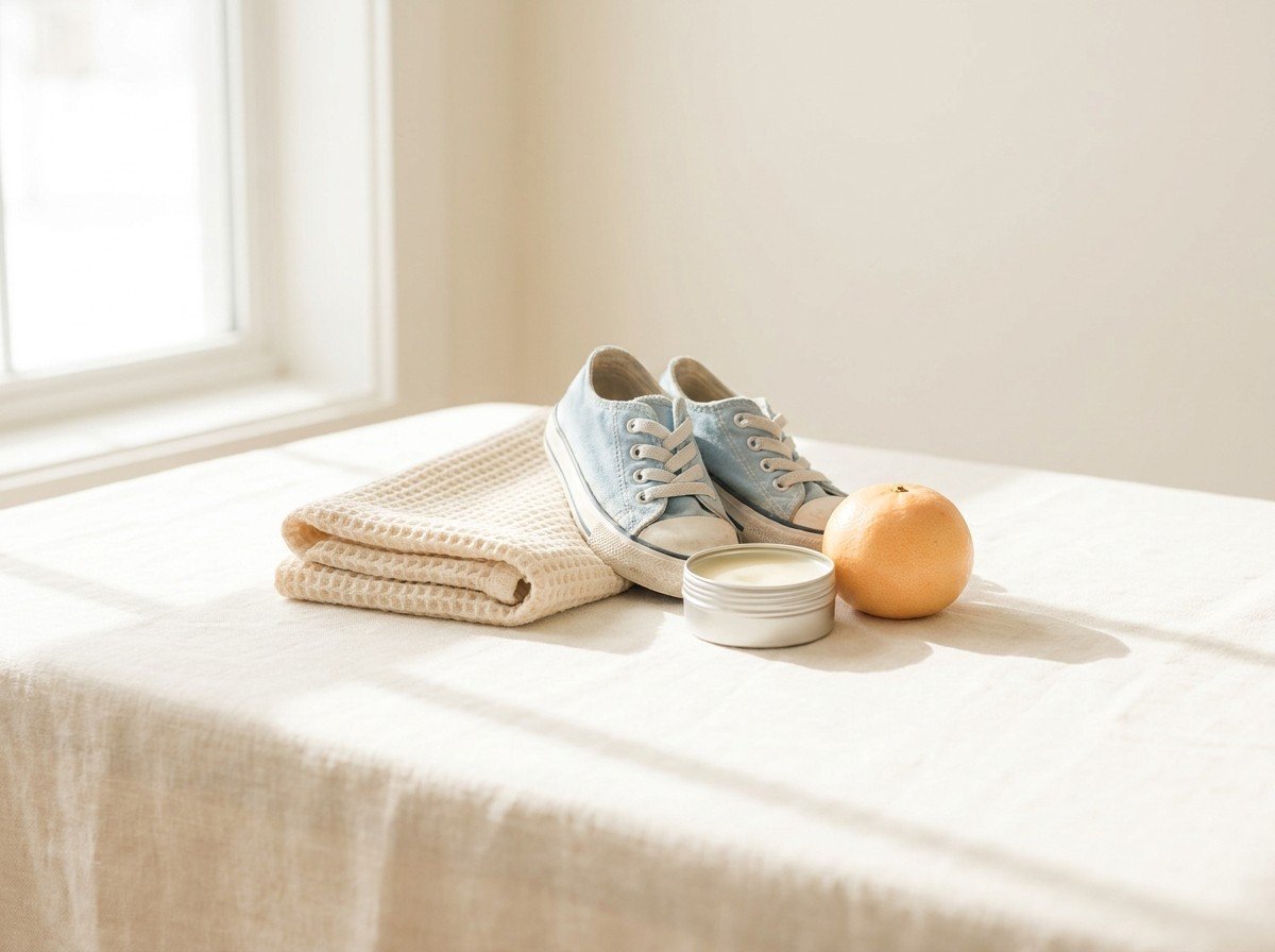 A pair of small pale blue canvas sneakers, a folded cream waffle towel, an open unlabeled balm tin and a tangerine grouped on cream linen in soft window light