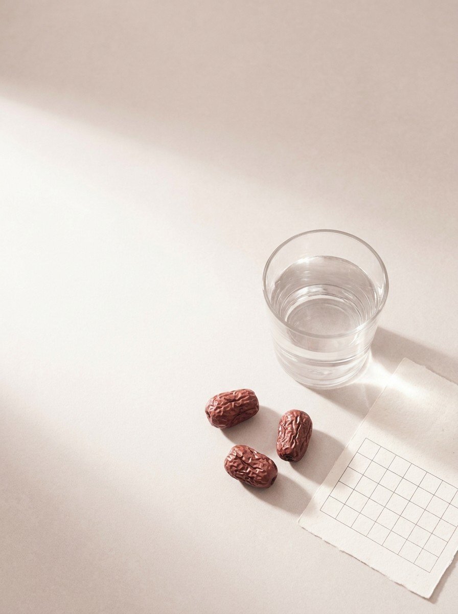 A glass of water, three dried jujubes and a blank paper calendar on pale stone, upper left of the frame left empty