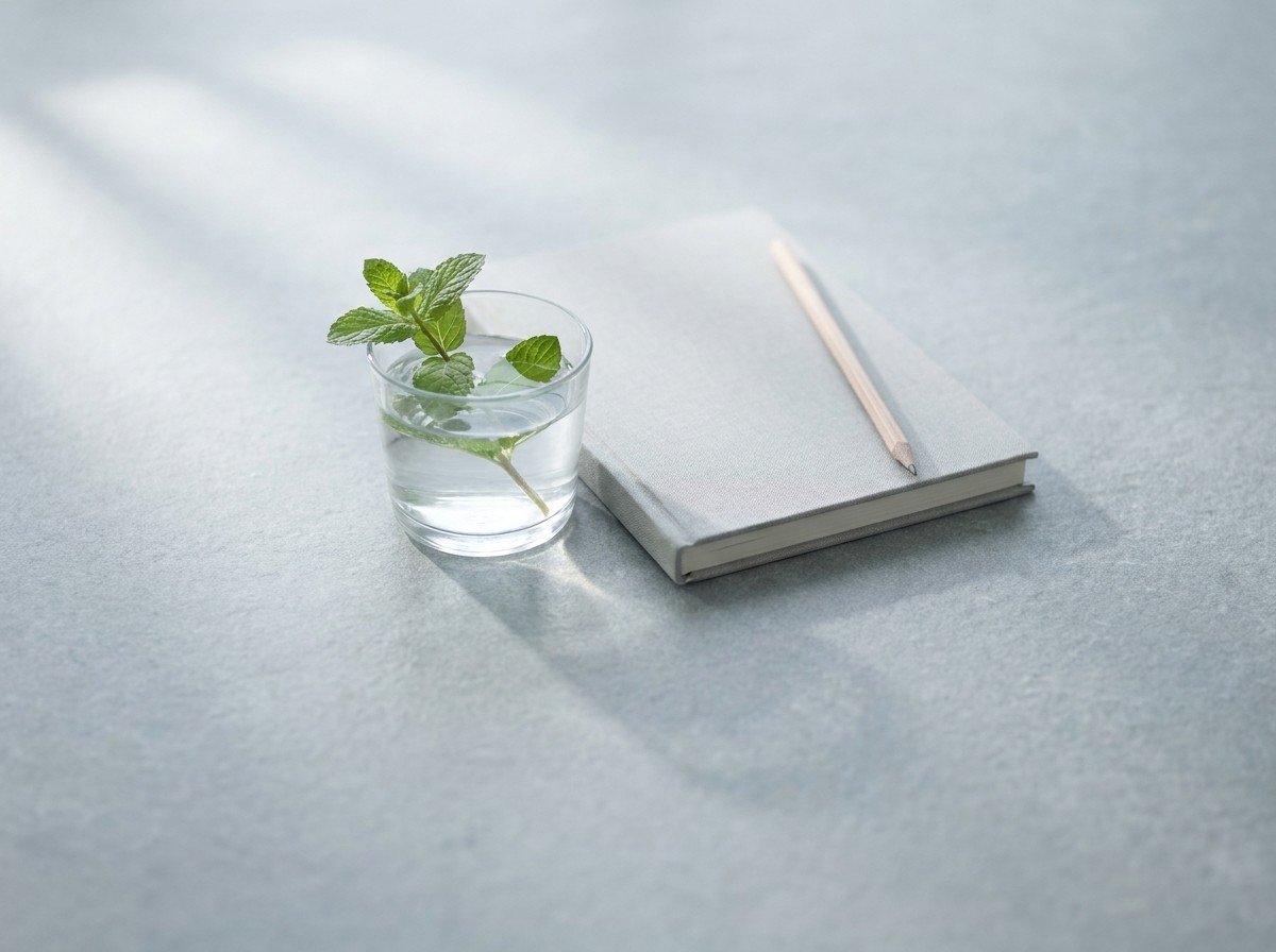 A glass of cold water with a fresh mint sprig and a closed gray notebook with a pencil on light slate stone, lower third empty