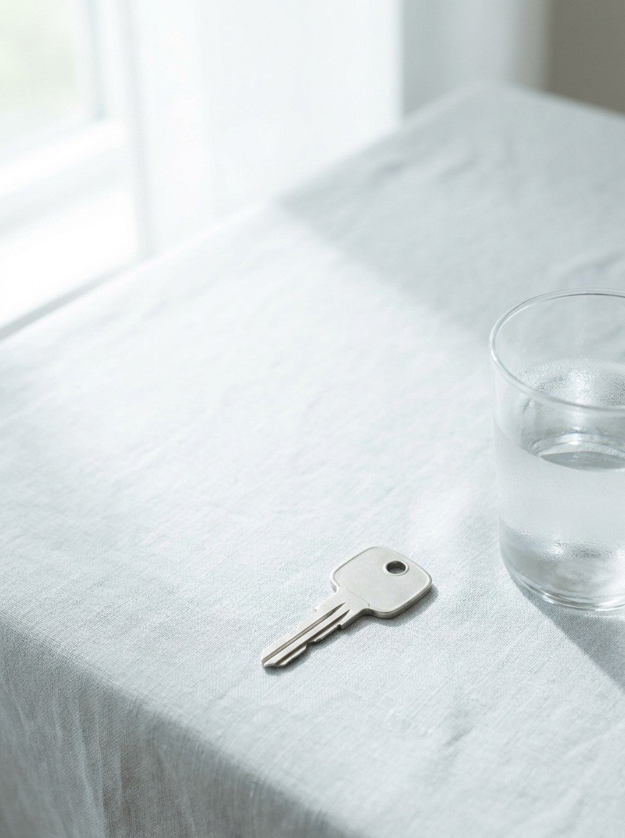 A plain metal car key and a glass of cold water in the lower right of pale gray linen, upper left empty