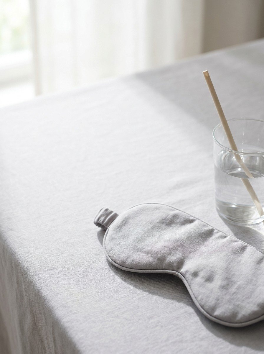 A soft gray sleep eye mask and a glass of water with a paper straw in the lower right of pale gray linen, upper left empty