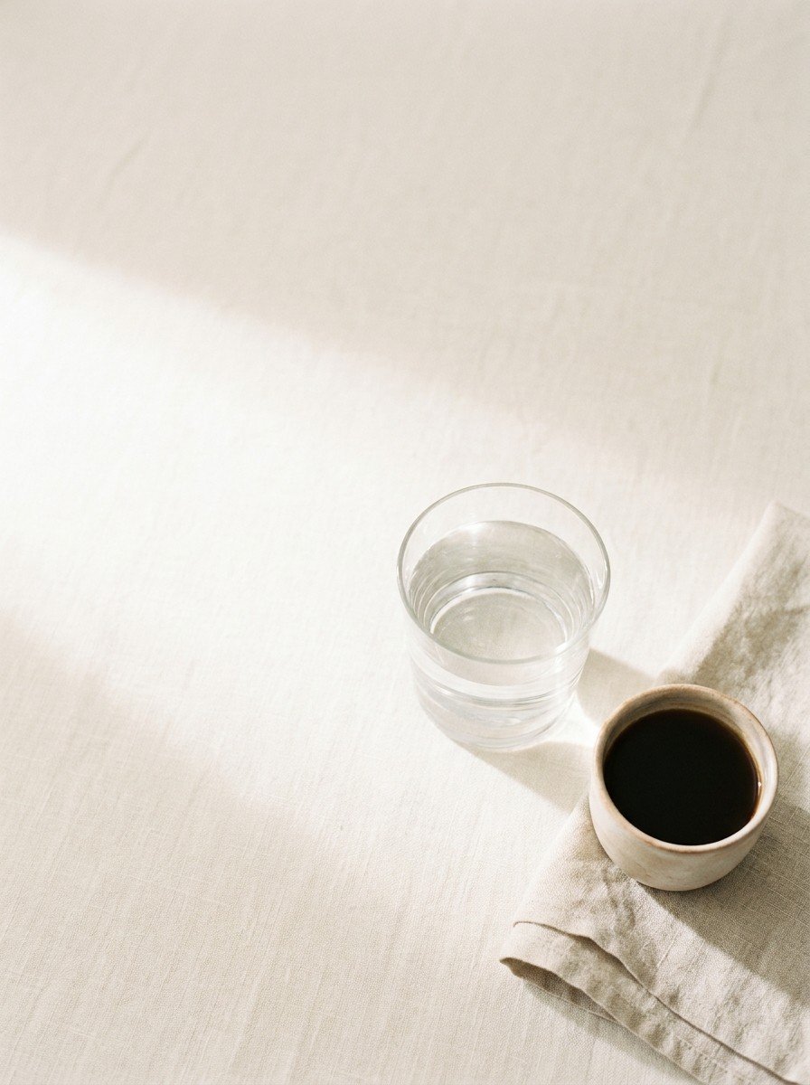 A glass of water and a clay cup of black coffee on a linen napkin in the lower right of cream linen, upper left empty