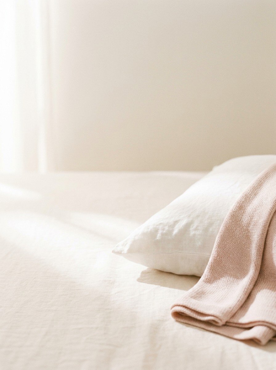 The corner of a white linen pillow and a folded blush knit blanket at the lower right of cream linen, upper left of the frame left empty