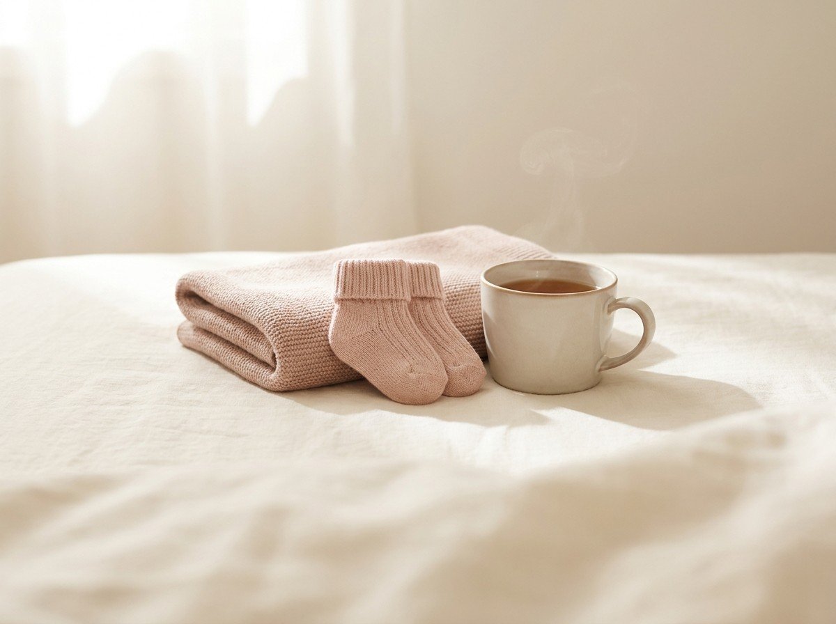 A pair of tiny knitted baby socks on a folded blush blanket beside a cup of warm tea on cream linen in soft morning light