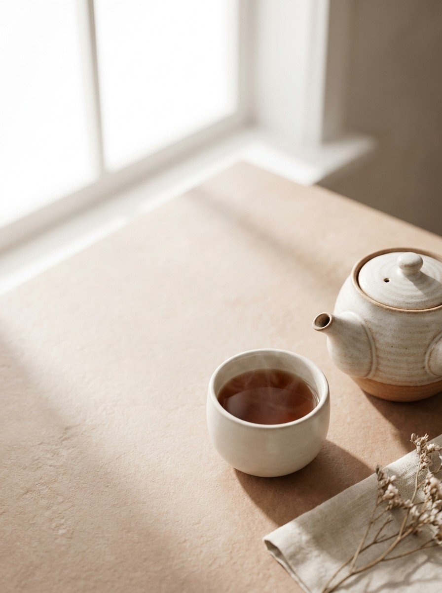 An earthenware teapot and a cup of warm barley tea in the lower right of clay-beige stone, upper left empty