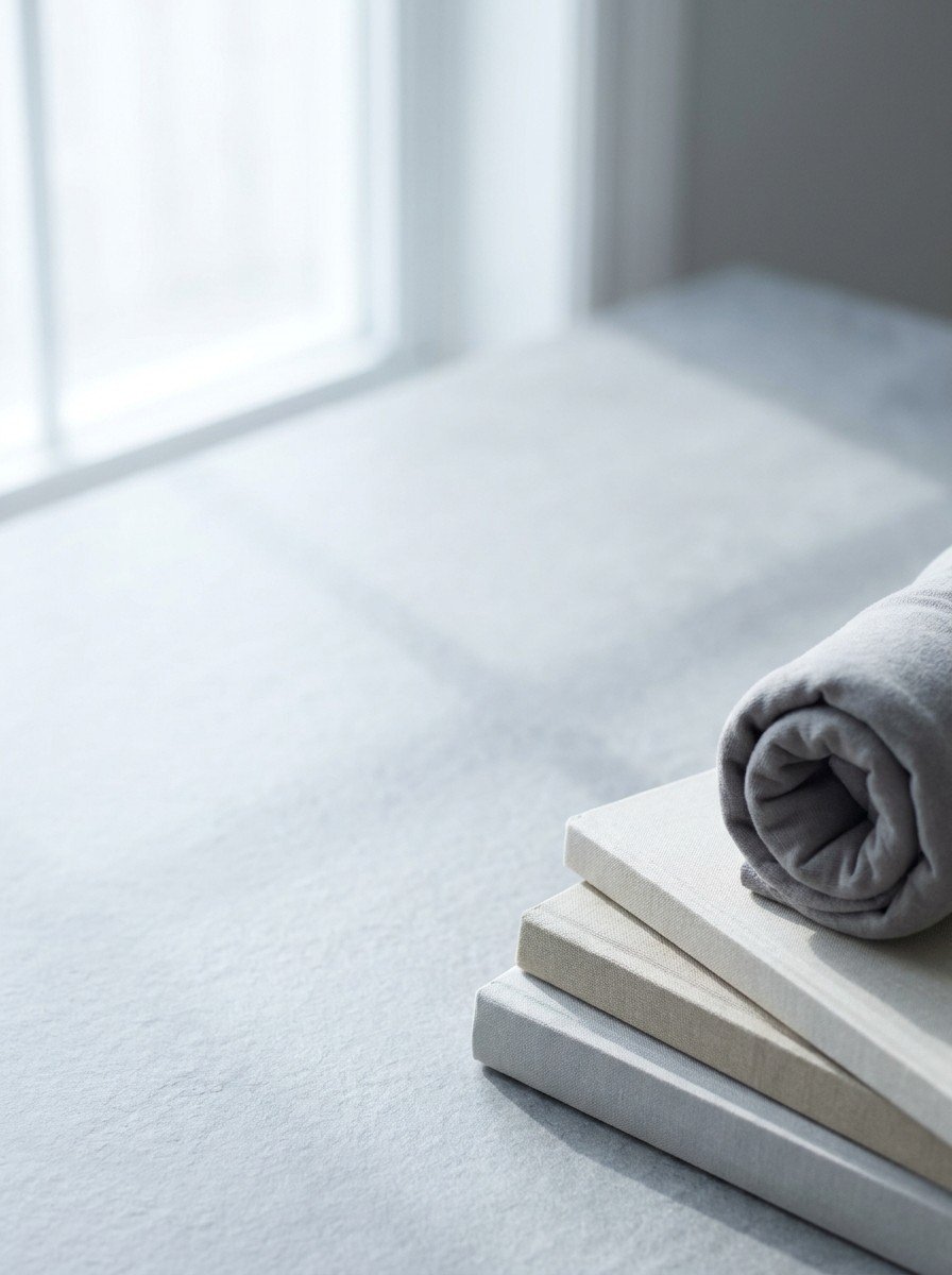A short stack of plain hardcover books and a rolled gray neck pillow in the lower right of light slate stone, upper left empty