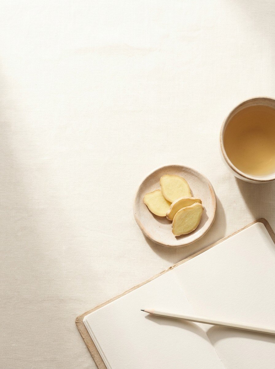 Fresh ginger slices on a clay saucer, a blank notebook with a pencil and a cup of tea in the lower right of cream linen, upper left empty