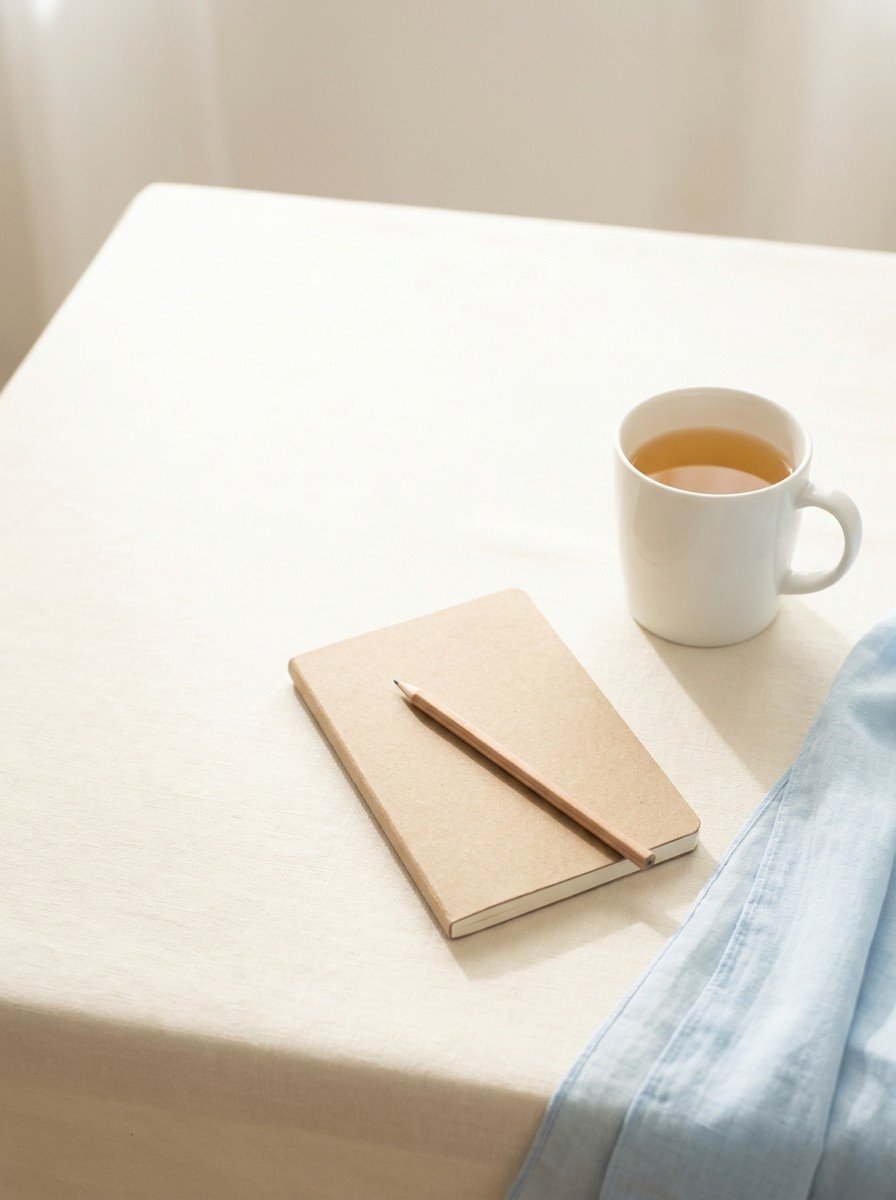 A small kraft notebook with a pencil, a white mug of warm tea and the edge of a folded pale blue scarf on cream linen, upper left of the frame left empty