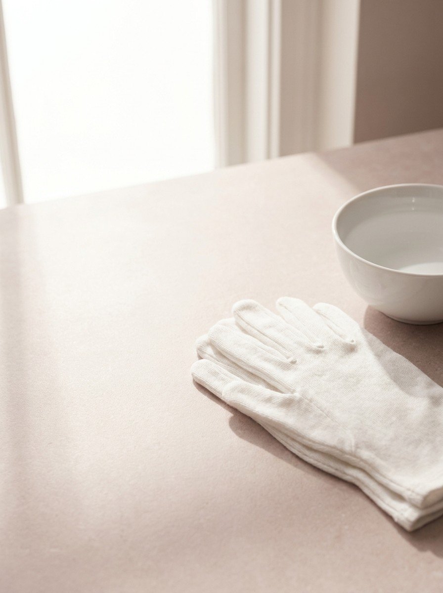 Folded white cotton gloves and a porcelain bowl of water in the lower right of pale rose stone, upper left empty