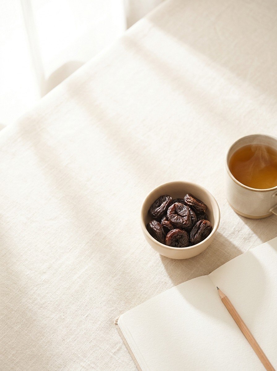 A clay bowl of dried plums, a cup of barley tea and a blank notebook with a pencil in the lower right of cream linen, upper left empty