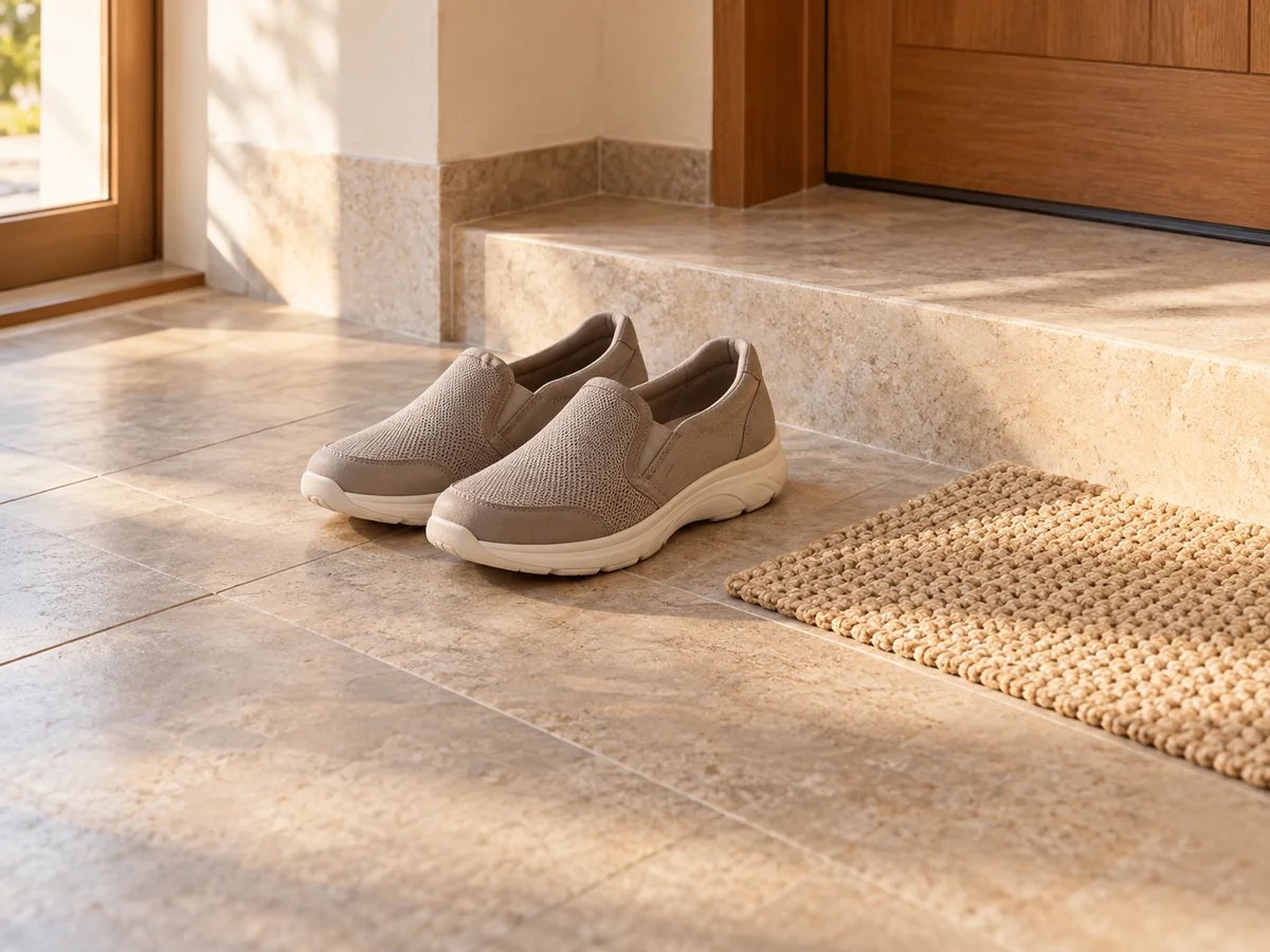 A complete pair of lace-free walking shoes beside a low entry step and woven doormat in morning light
