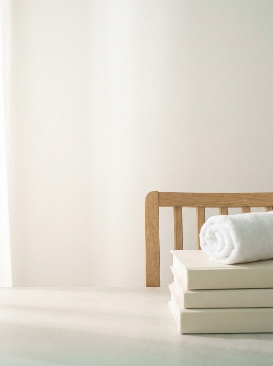 A rolled white towel on a stack of three plain books in front of a light wooden chair backrest, upper left of the frame left empty