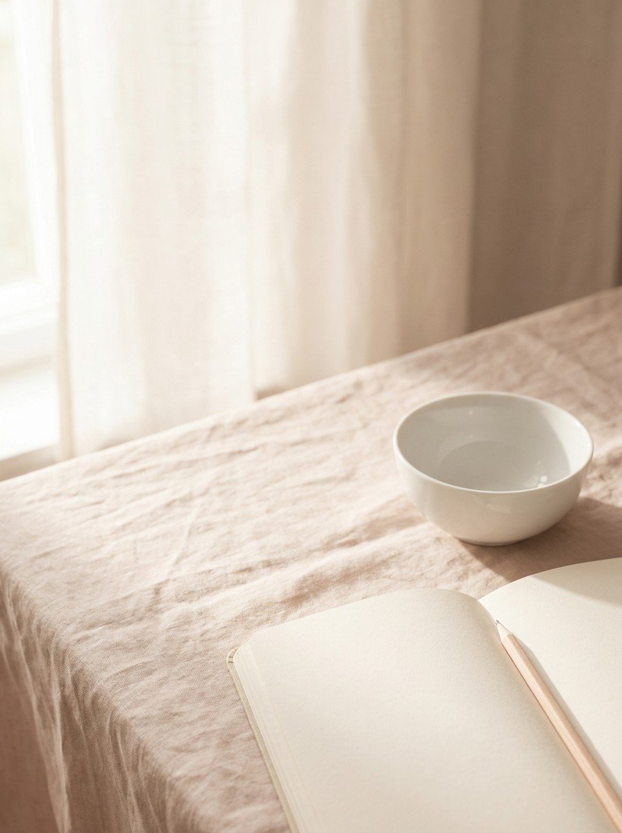 A small white porcelain bowl and an open blank notebook with a pencil in the lower right of cream-rose linen, upper left empty