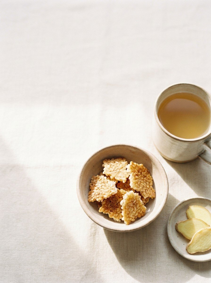 A clay bowl of crispy scorched rice, a cup of barley tea and ginger slices in the lower right of cream linen, upper left empty