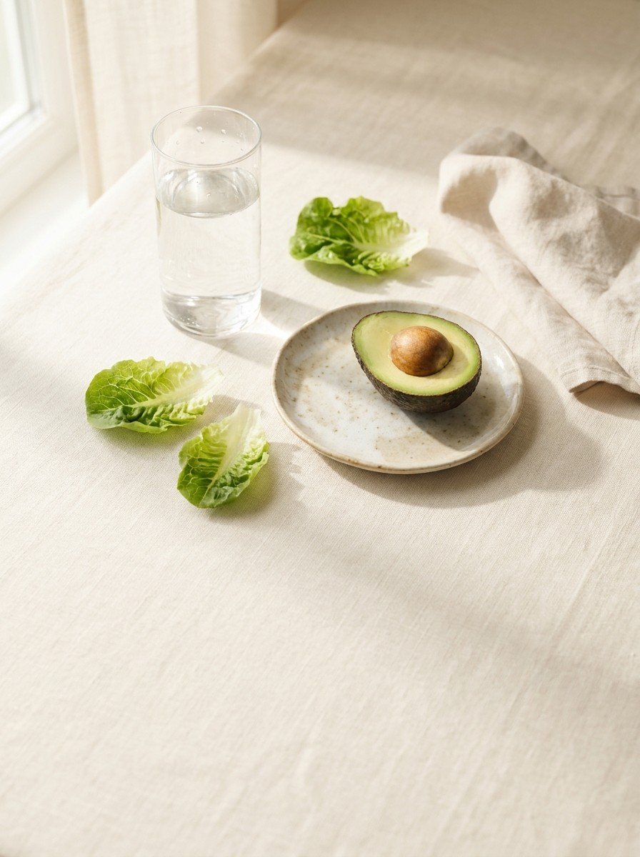A tall glass of water, half an avocado on a small ceramic plate, lettuce leaves and a folded linen napkin on cream linen in soft morning light, with empty space below.