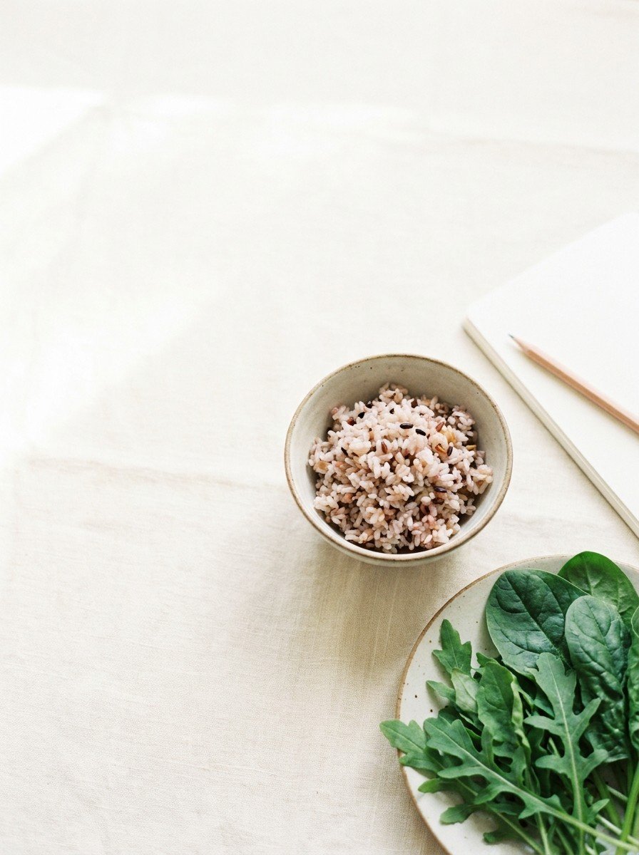 A small ceramic bowl of mixed grain rice, a plate of fresh leafy greens and a blank notebook with a pencil at the lower-right of a cream linen table, the upper-left left empty in soft window light.