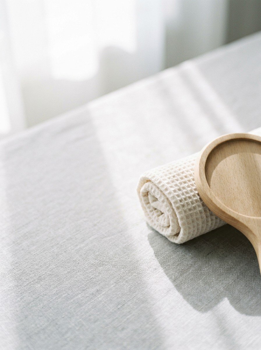 A rolled waffle towel and a wooden hand mirror lying face down in the lower right of pale gray linen, upper left empty