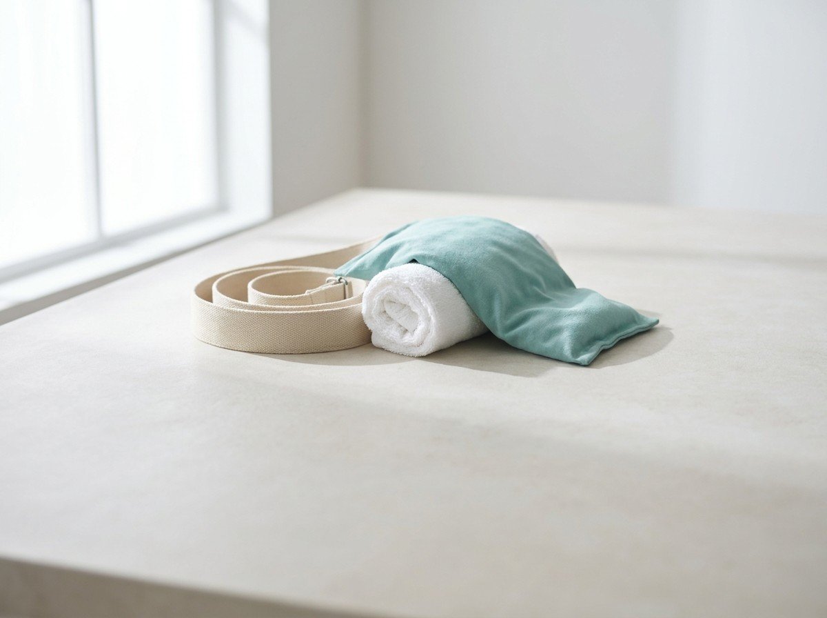A coiled canvas shoulder bag strap, a rolled white hand towel and a soft teal heat pack clustered on pale stone in soft window light