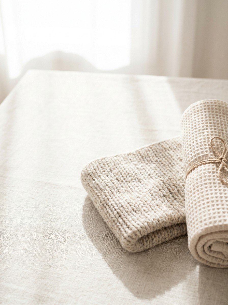 A folded knit belly warmer and a rolled cotton towel tied with twine in the lower right of oatmeal linen, upper left empty