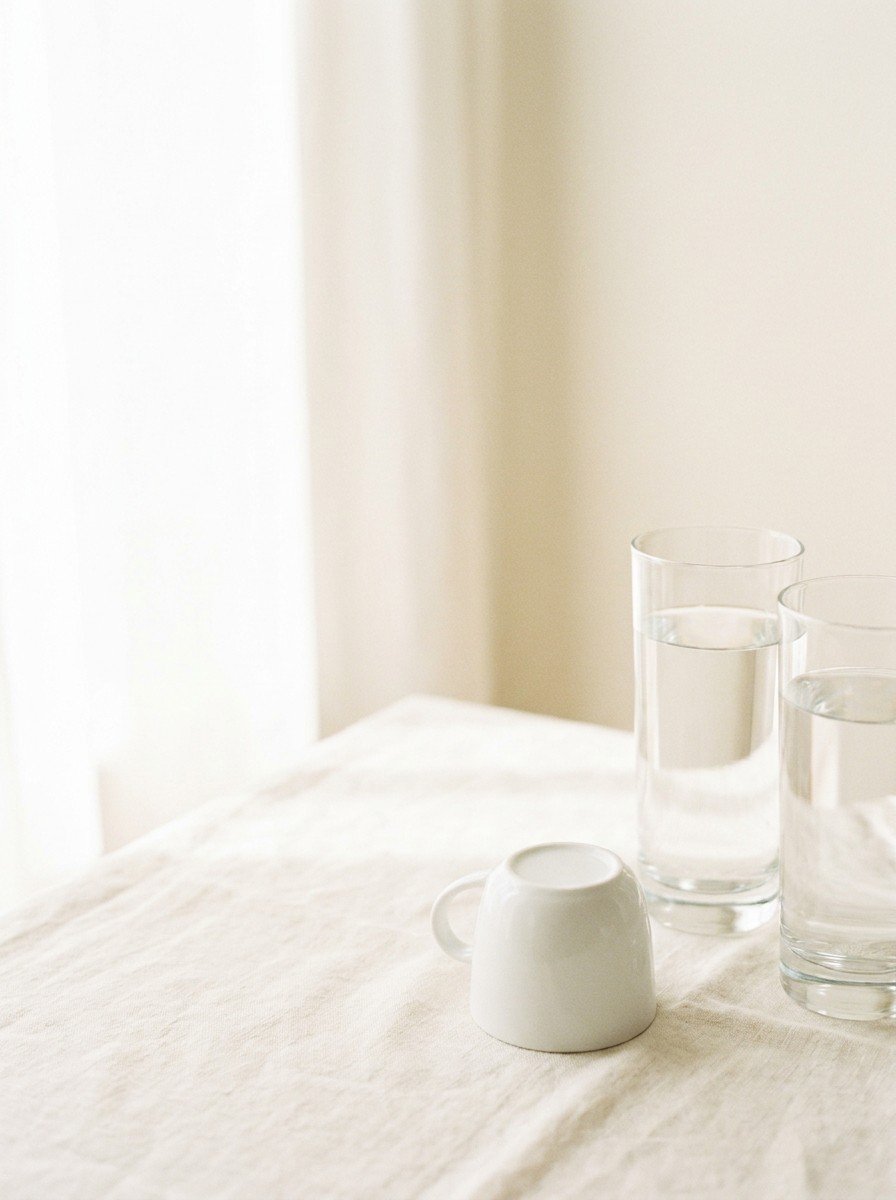 Two tall glasses of water and an upturned small white ceramic cup at the lower-right of a cream linen table, the upper-left left empty in soft window light.