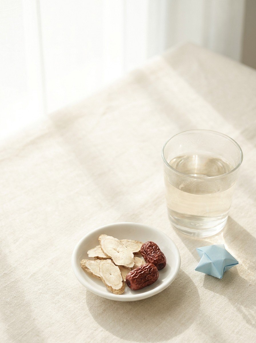 Dried balloon-flower root slices and two jujubes on a small white dish, a glass of warm water and a pale blue paper star on cream linen, upper left of the frame left empty