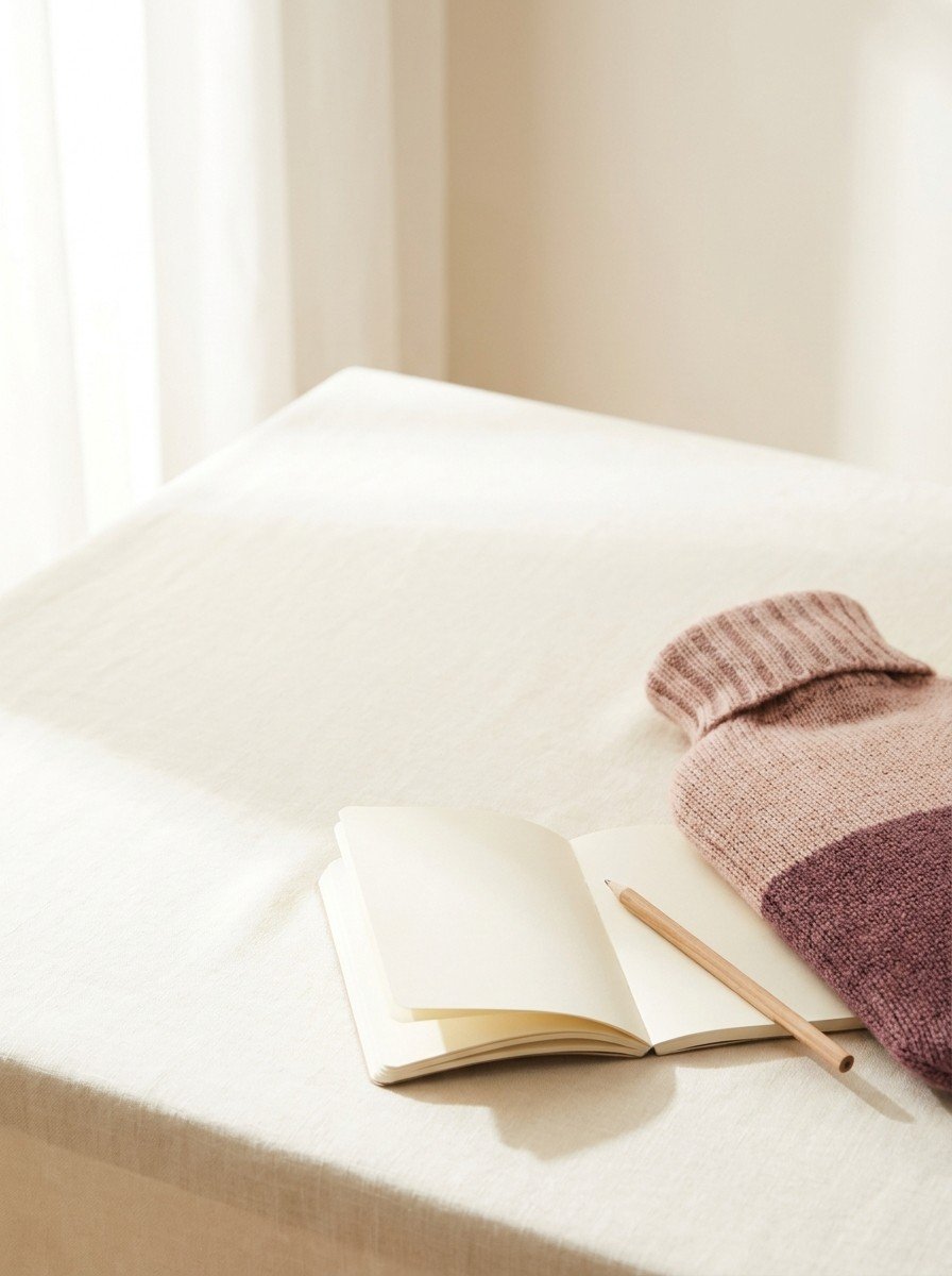 An open blank notebook with a pencil and a knitted hot water bottle at the lower right of cream linen, upper left of the frame left empty