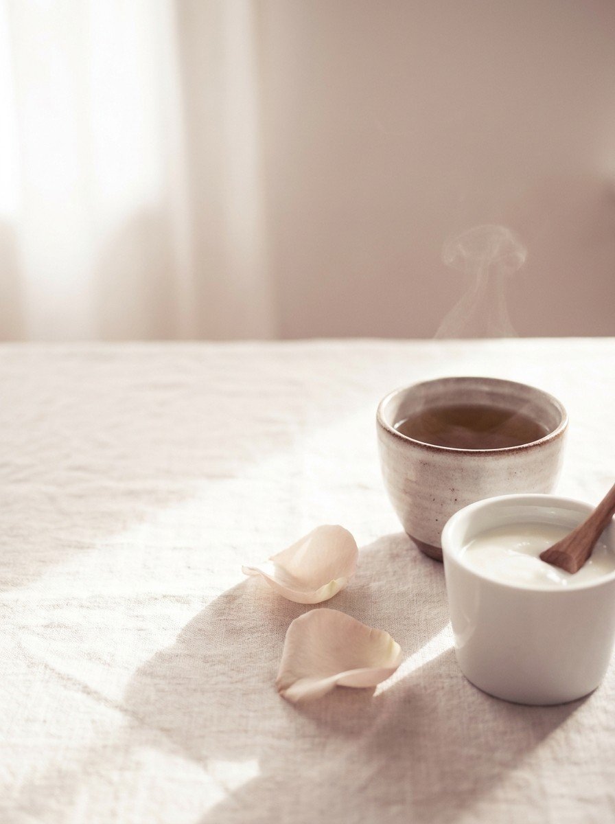 A small cup of plain yogurt with a wooden spoon, a cup of warm herbal tea and two rose petals on cream linen, upper left of the frame left empty