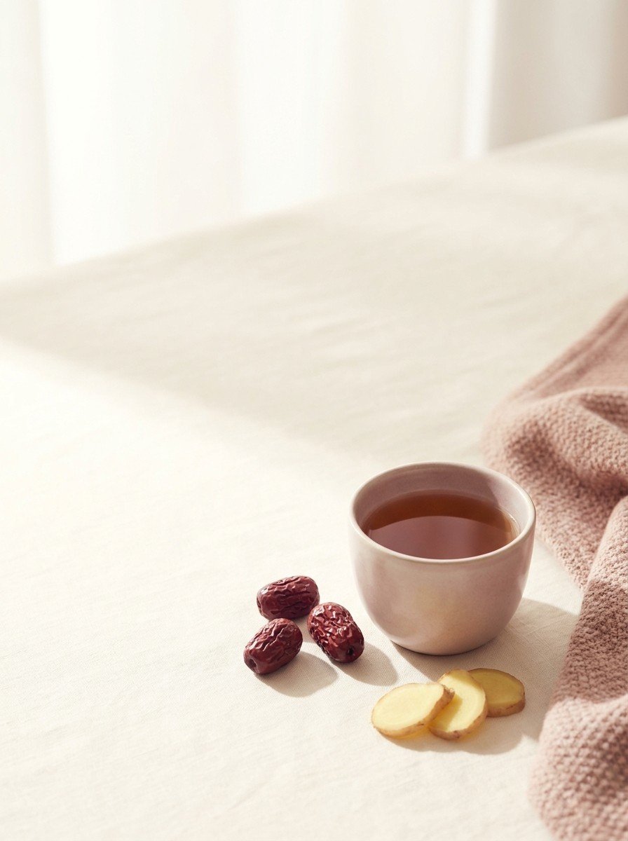 A cup of warm jujube tea with dried jujubes, ginger slices and a blush blanket corner at the lower right of cream linen, upper left of the frame left empty