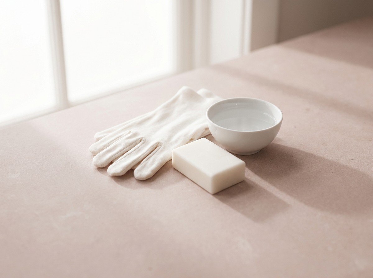 Folded white cotton gloves, a plain white soap bar and a porcelain bowl of water on pale rose stone, lower third empty