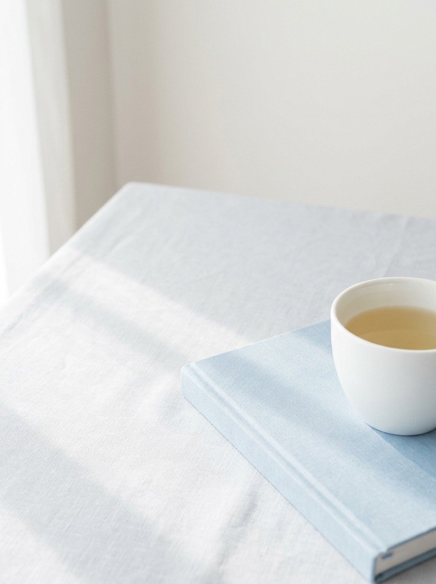 A closed pale-blue notebook with a white cup of chamomile tea in the lower right of pale gray linen, upper left empty