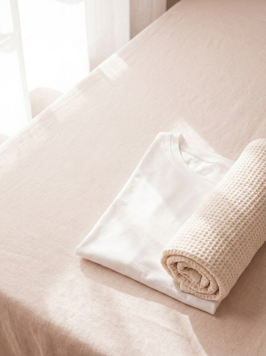 A folded white cotton t-shirt and a rolled cream towel in the lower right of cream-rose linen, upper left empty